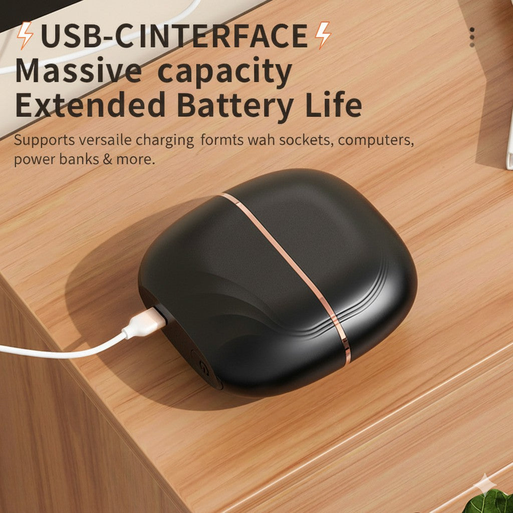 Wireless straightening comb with USB cable on a wooden surface, featuring text about USB interface and battery life.