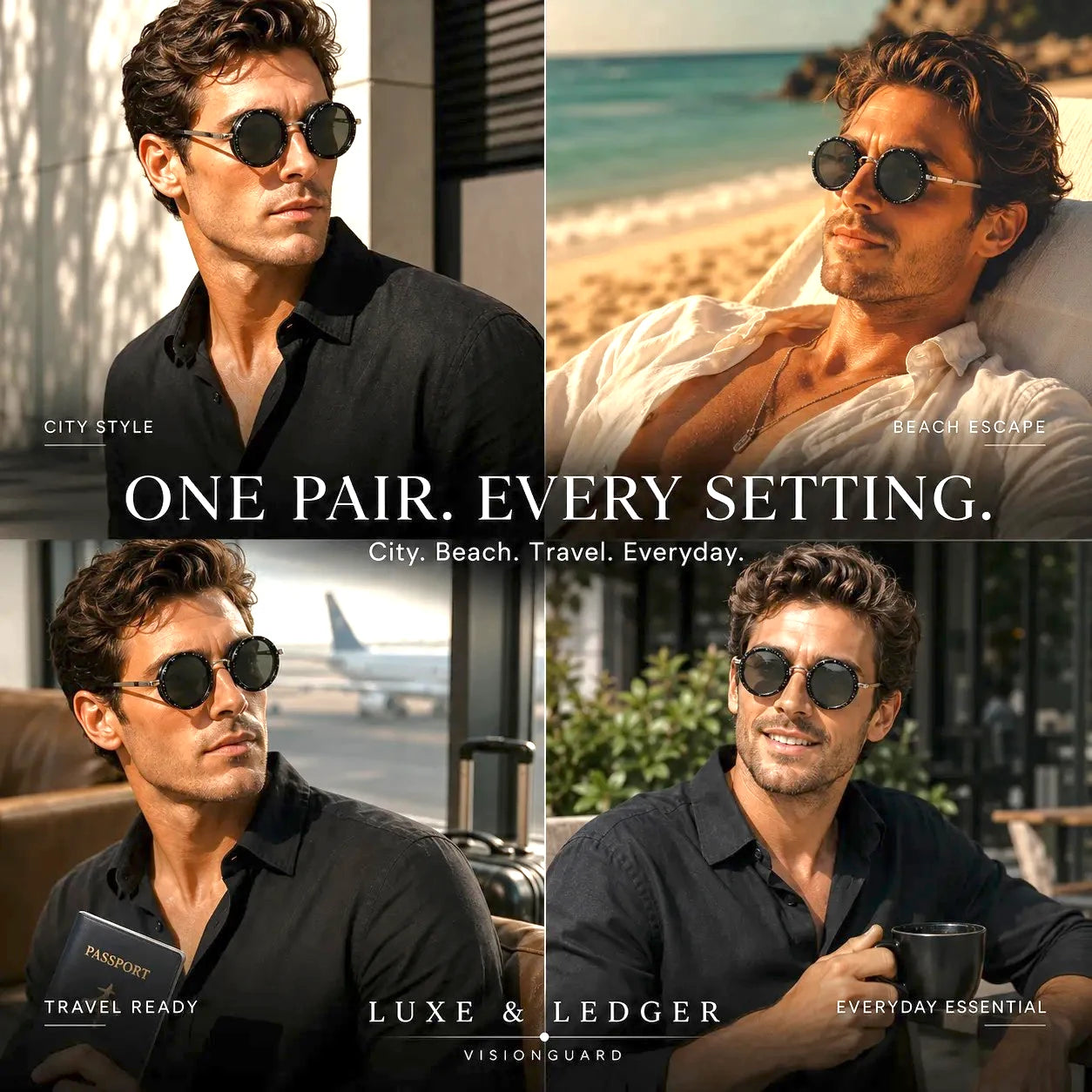 Man wearing sunglasses in various settings with promotional text for Luxe & Ledger sunglasses.