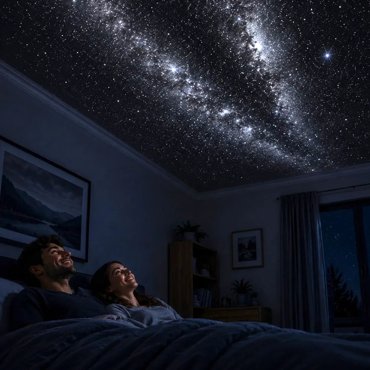 Couple lying in bed under a starry night sky projection in a room.