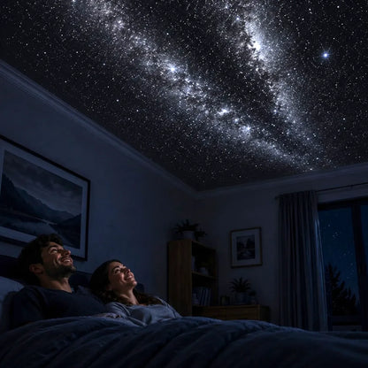 Couple lying in bed under a starry night sky projection in a room.