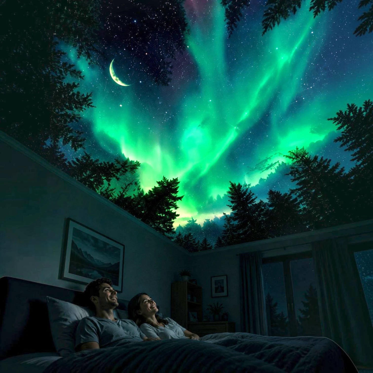 Two people lying on a bed looking up at the Northern Lights in a bedroom setting.