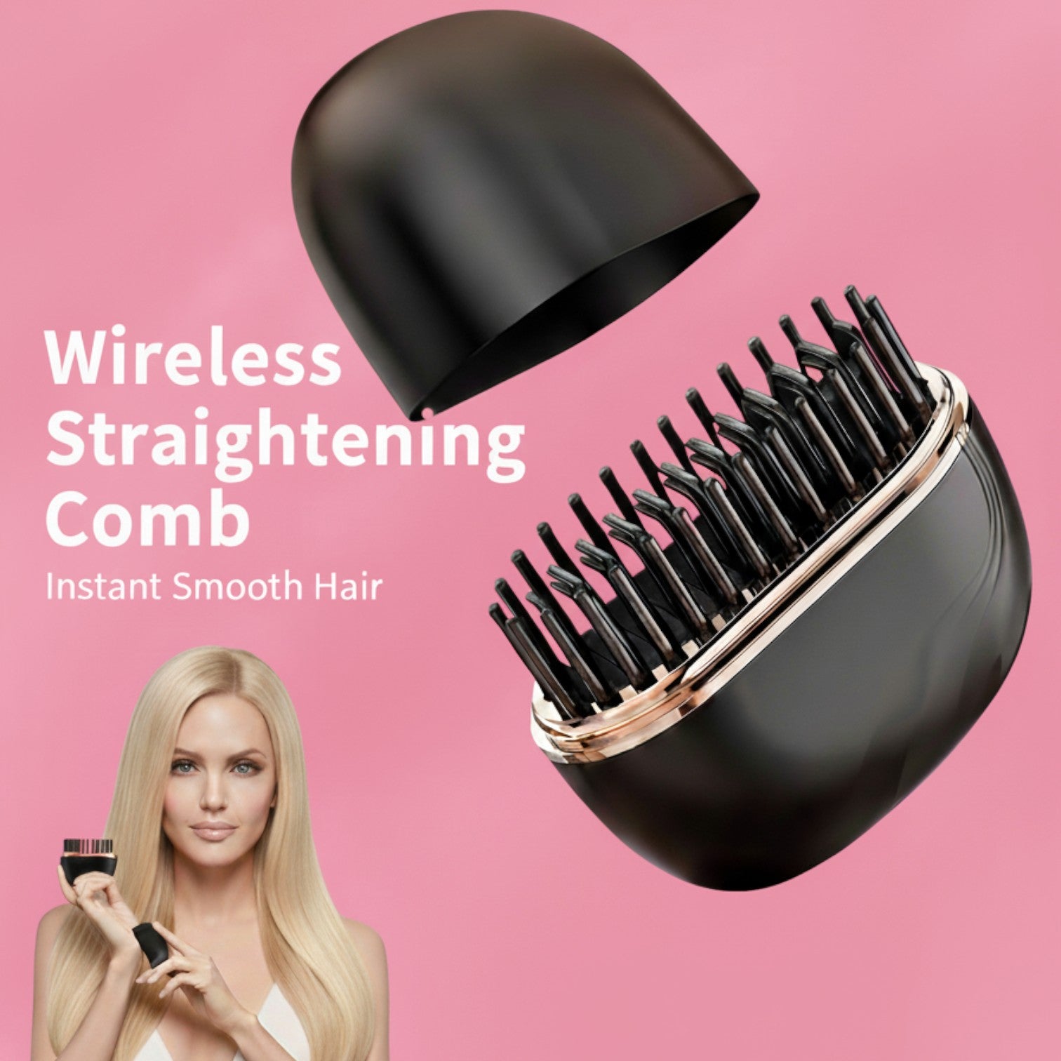 Wireless straightening comb with a model on a pink background