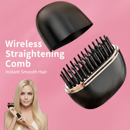 Wireless straightening comb with a model on a pink background