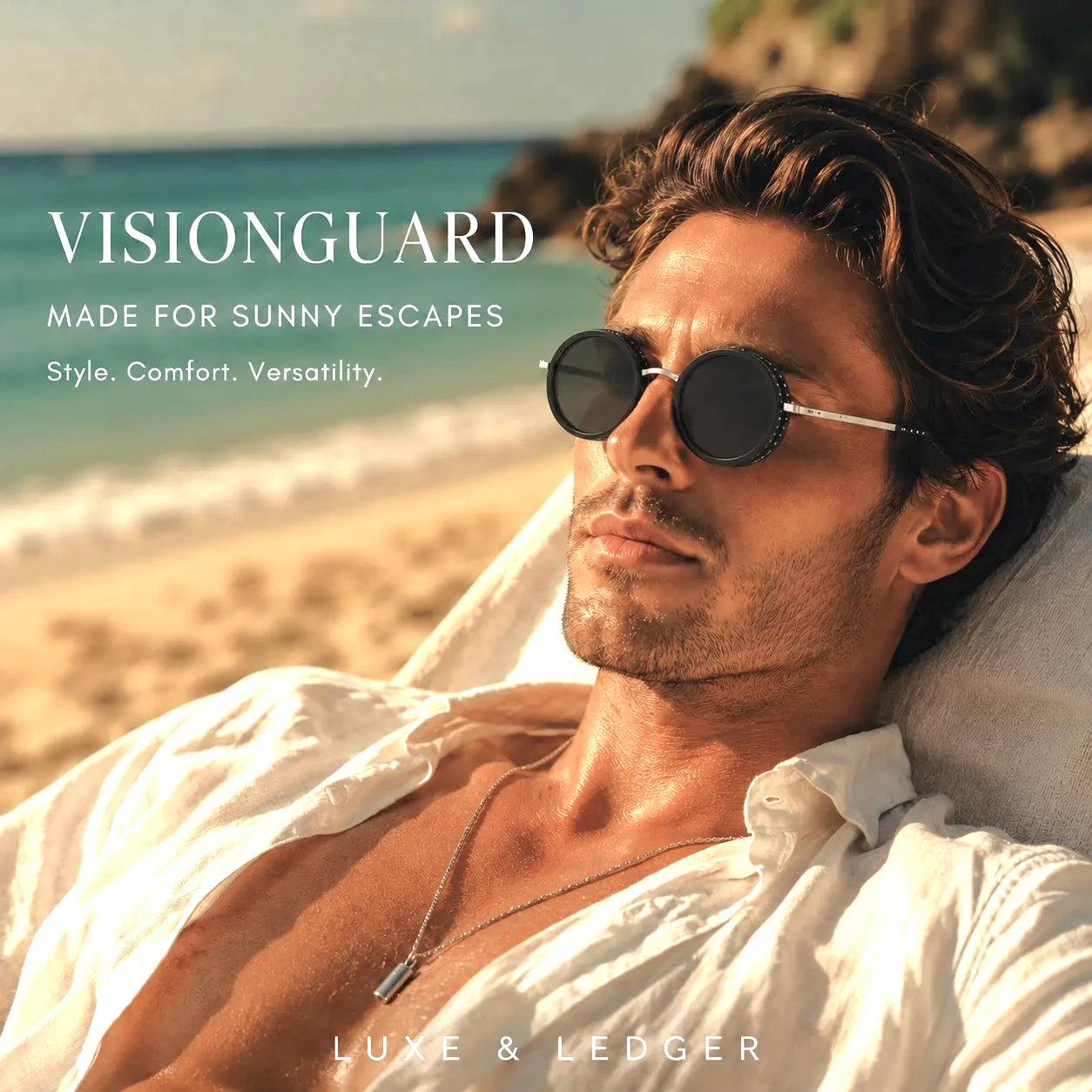 Man wearing sunglasses on a beach with Visionguard branding.
