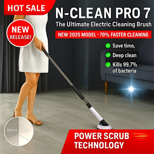 Person using N-Clean Pro 7 electric cleaning brush on a floor with promotional text about its features.