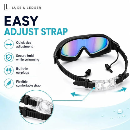 Swimming goggles with adjustable strap on a white background, featuring Luxe & Ledger branding.