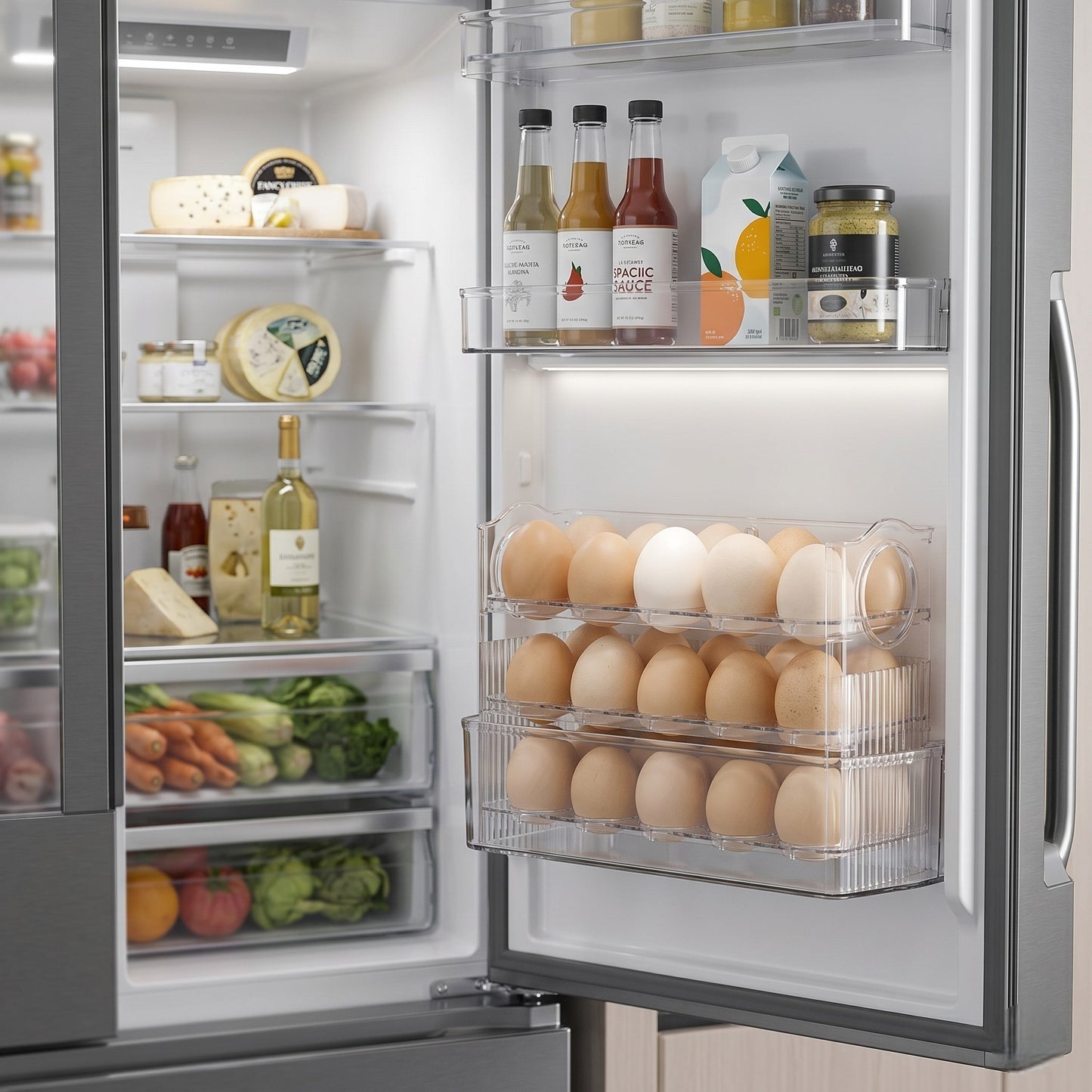 Open refrigerator with various food items including eggs, fruits, and vegetables.