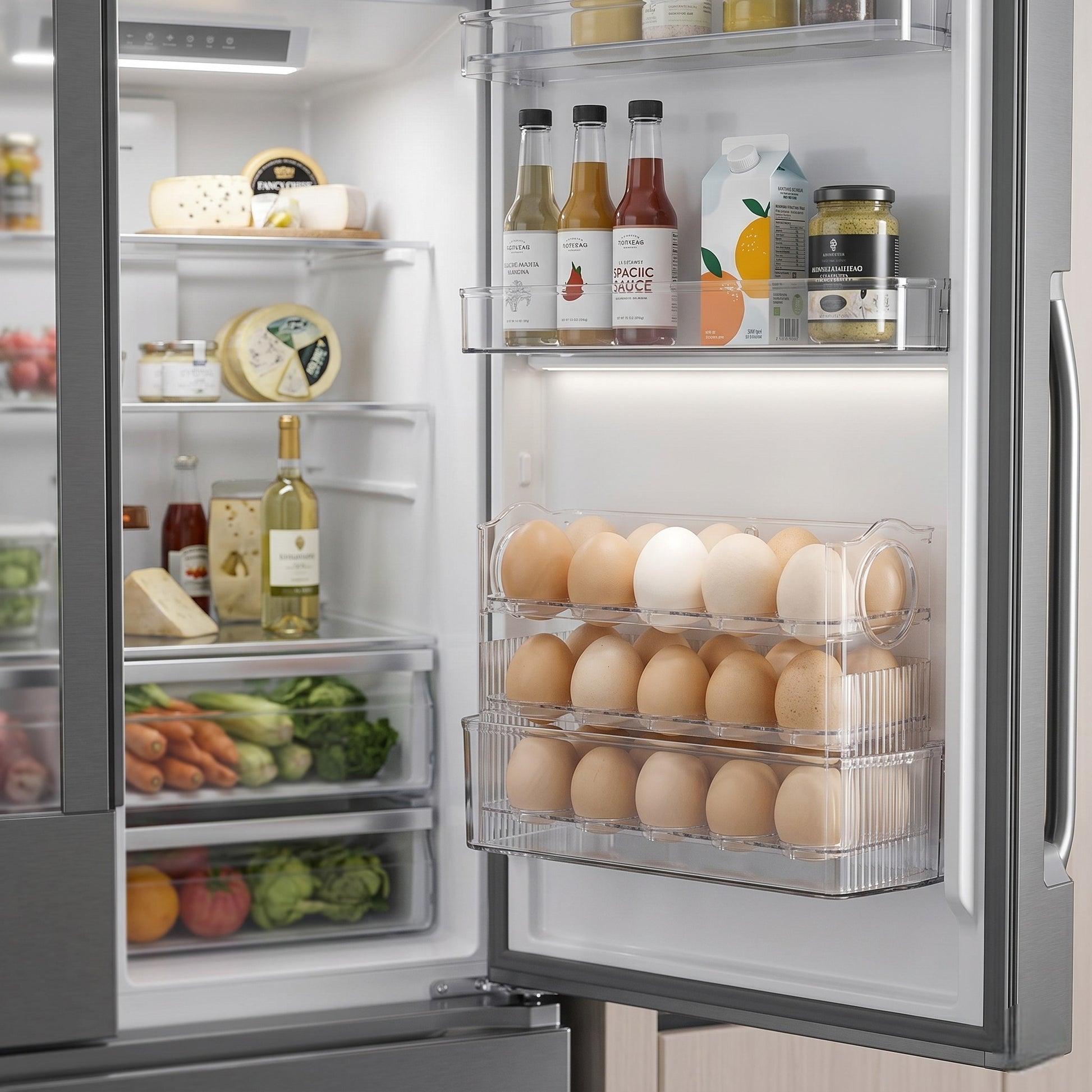 Open refrigerator with various food items including eggs, fruits, and vegetables.