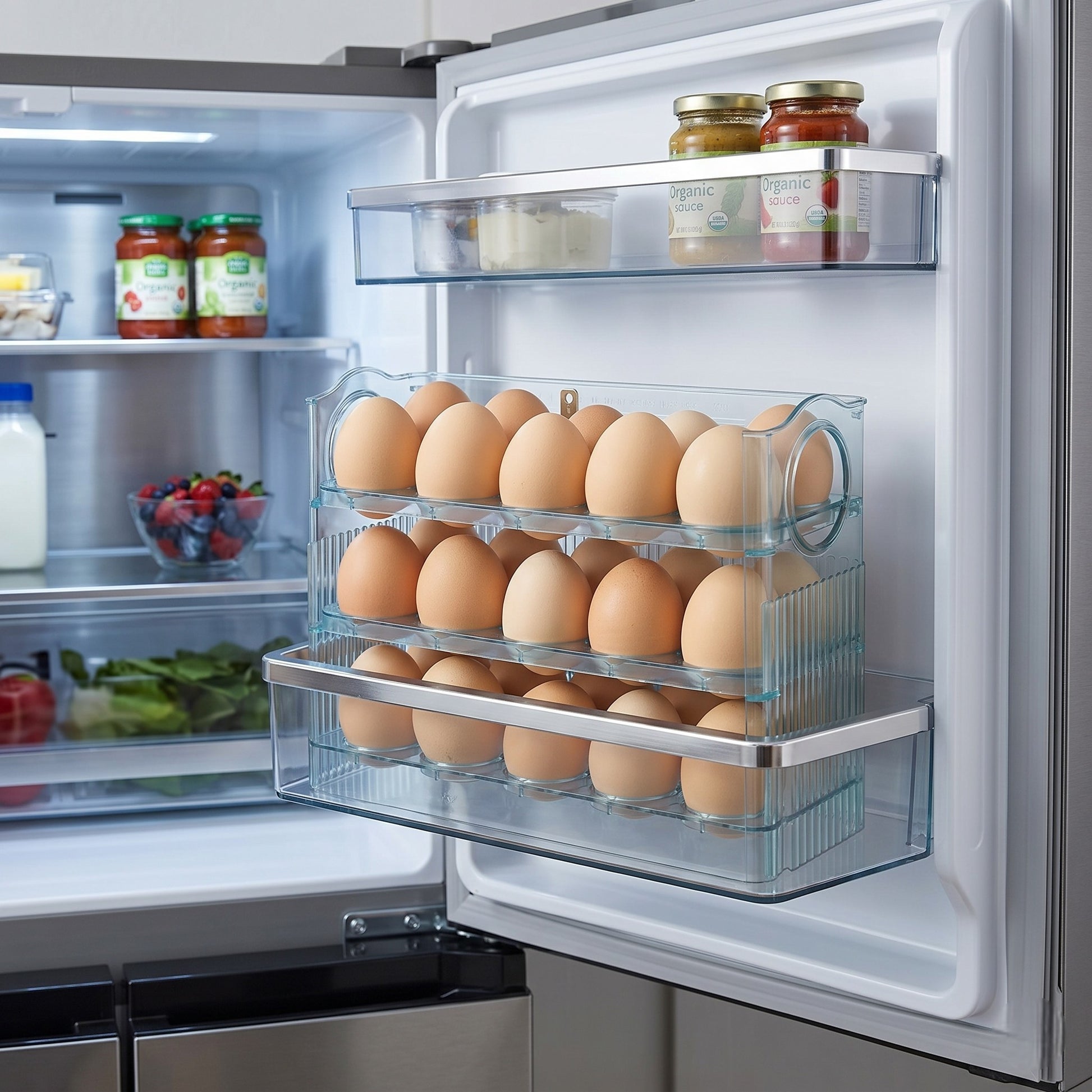 Open refrigerator with egg holder containing multiple eggs