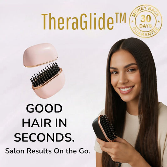 Woman holding a TheraGlide hairbrush with text about good hair in seconds and salon results on the go.