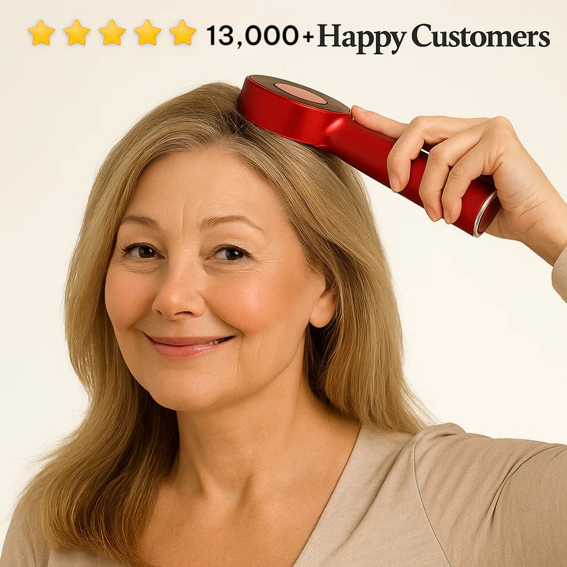 Woman using a red hair dryer with text '13,000+ Happy Customers' and five-star rating above her head.