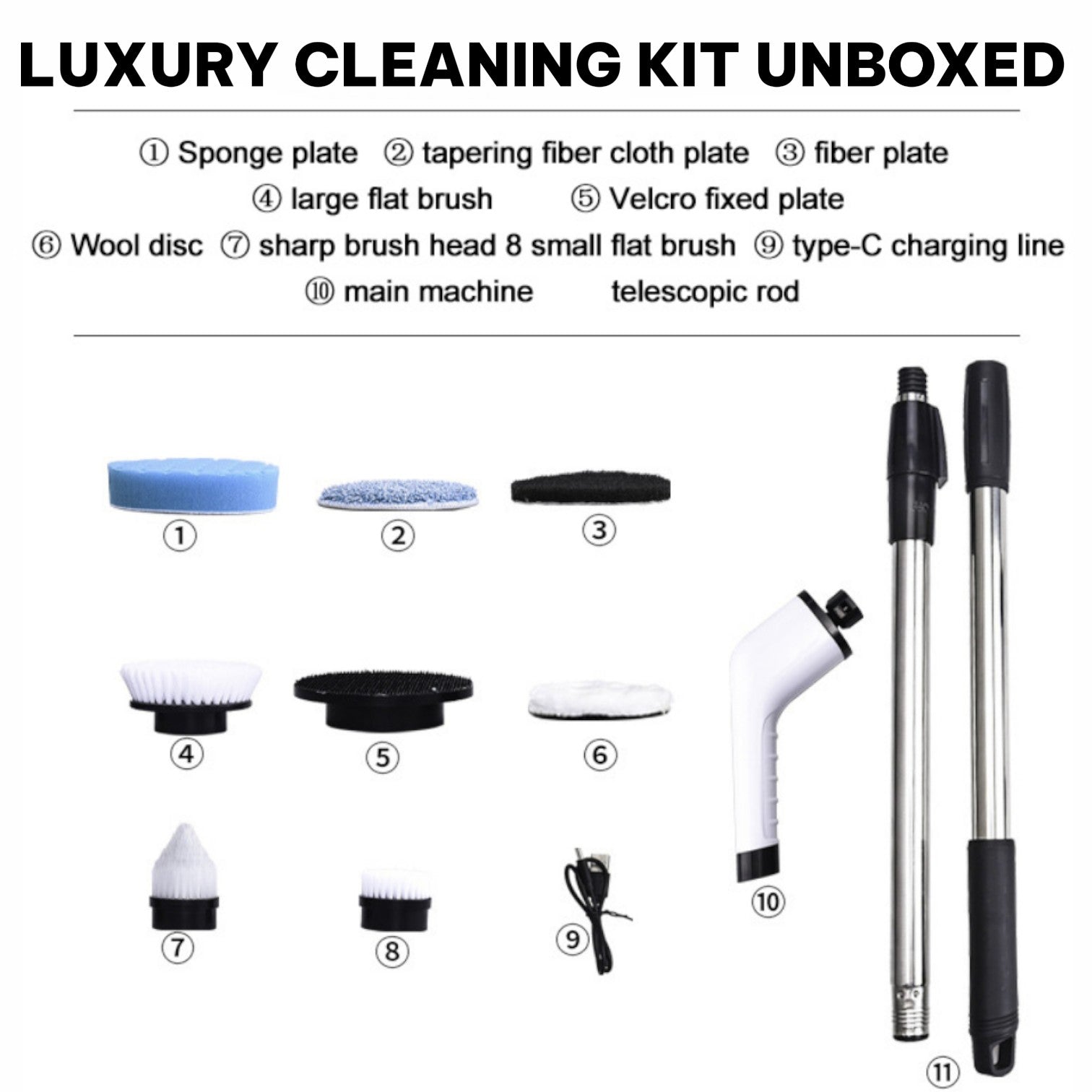 Luxury cleaning kit with various components labeled on a white background
