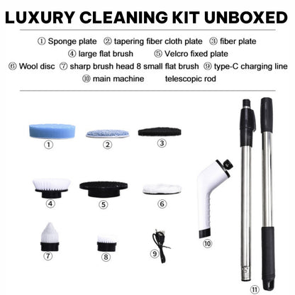 Luxury cleaning kit with various components labeled on a white background