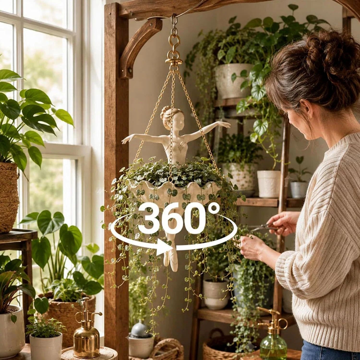 Woman in a cozy room with plants, holding a plant and looking at a hanging planter with a 360-degree label.