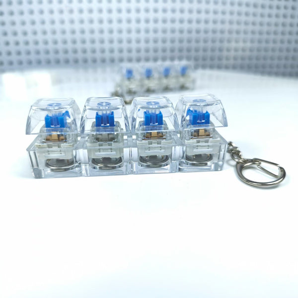 Clear plastic keychain with blue labels on a light gray surface