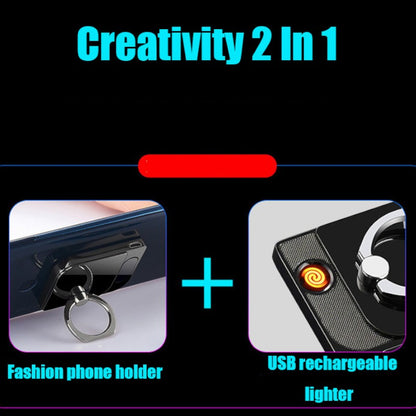 Two product images with text indicating a fashion phone holder and USB rechargeable lighter, set against a black background.