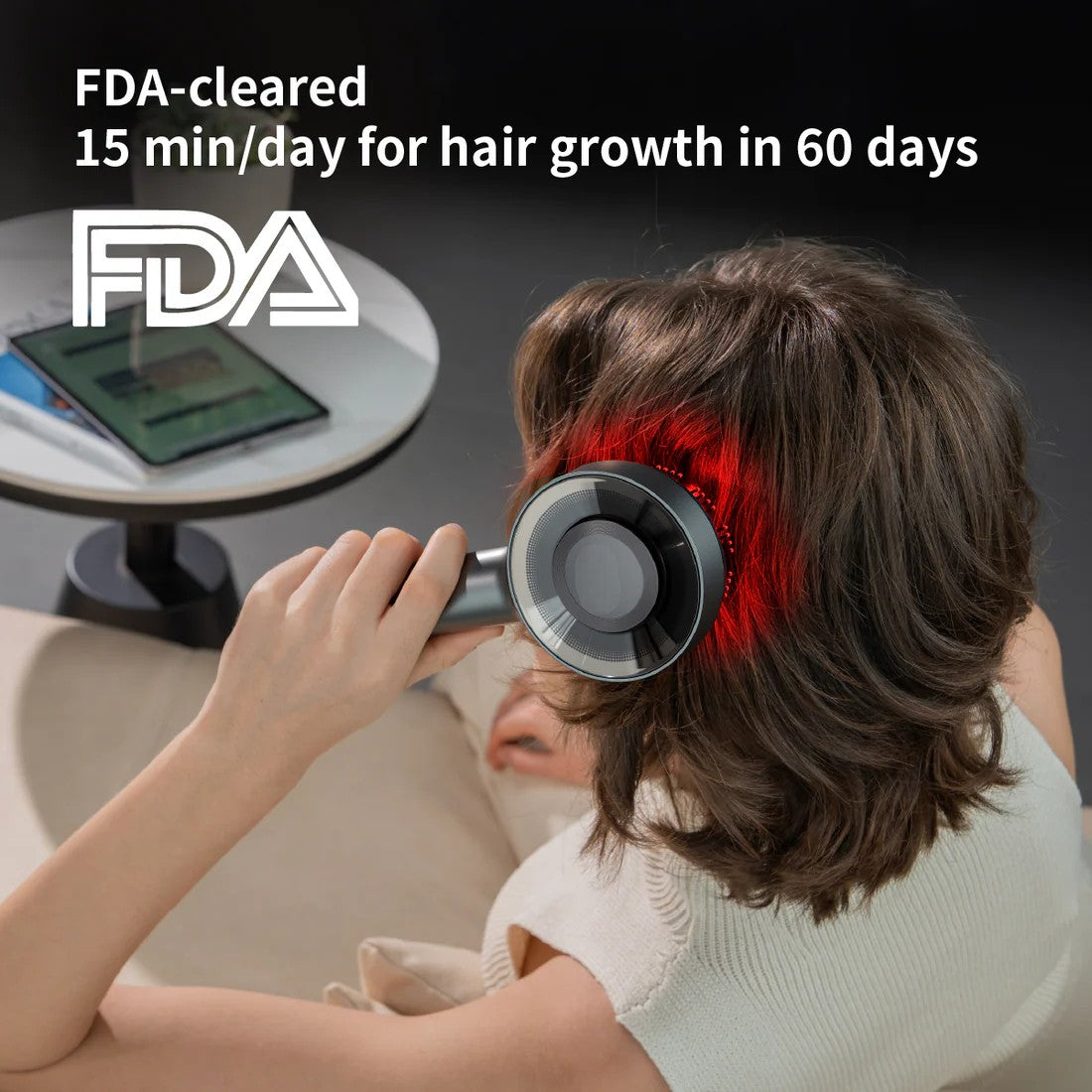 Person using a hair growth device with text about FDA clearance and effectiveness.