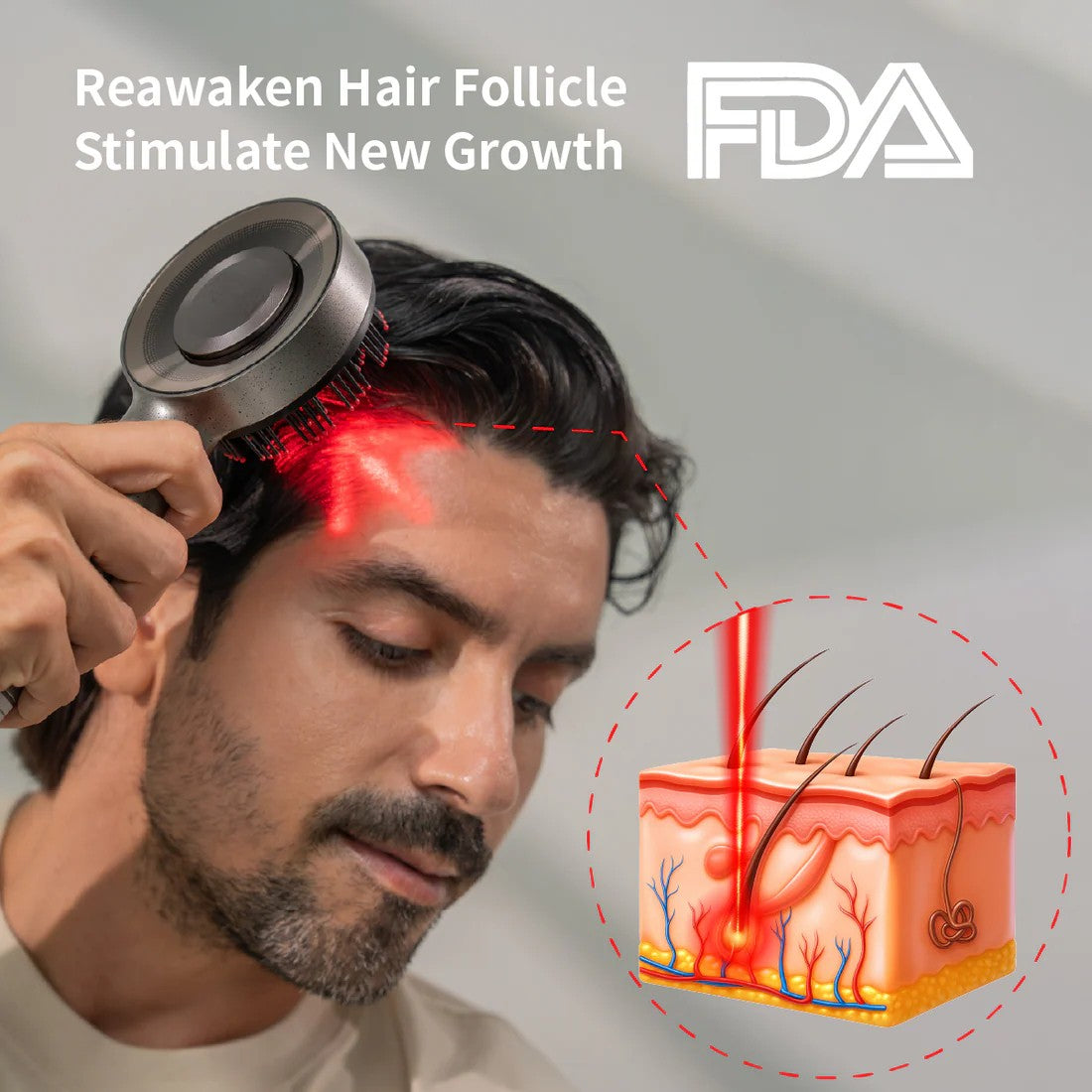 Man using a hair growth device with FDA logo and text 'Reawaken Hair Follicle, Stimulate New Growth'.
