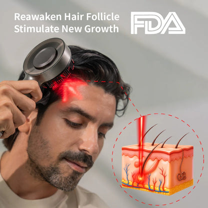 Man using a hair growth device with FDA logo and text 'Reawaken Hair Follicle, Stimulate New Growth'.