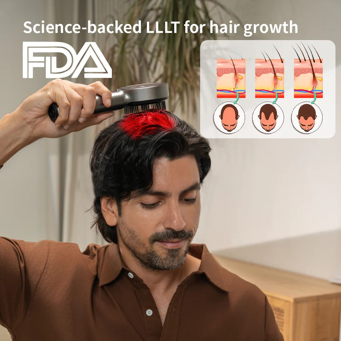 Man using a hair growth device with FDA logo and hair growth illustration on a blurred indoor background