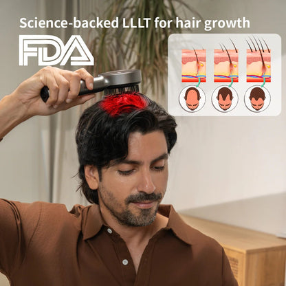 Man using a hair growth device with FDA logo and hair growth illustration on a blurred indoor background