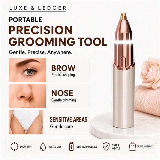 LUXE & LEDGER portable precision grooming tool shown on a white background with promotional text and usage examples for brow, nose, and sensitive areas. The tool has a metallic rose gold and silver body with a small gold tip.