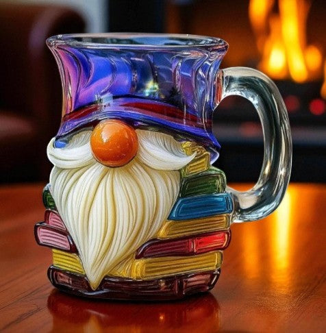 Glass mug shaped like a colorful gnome with a blurred fireplace in the background
