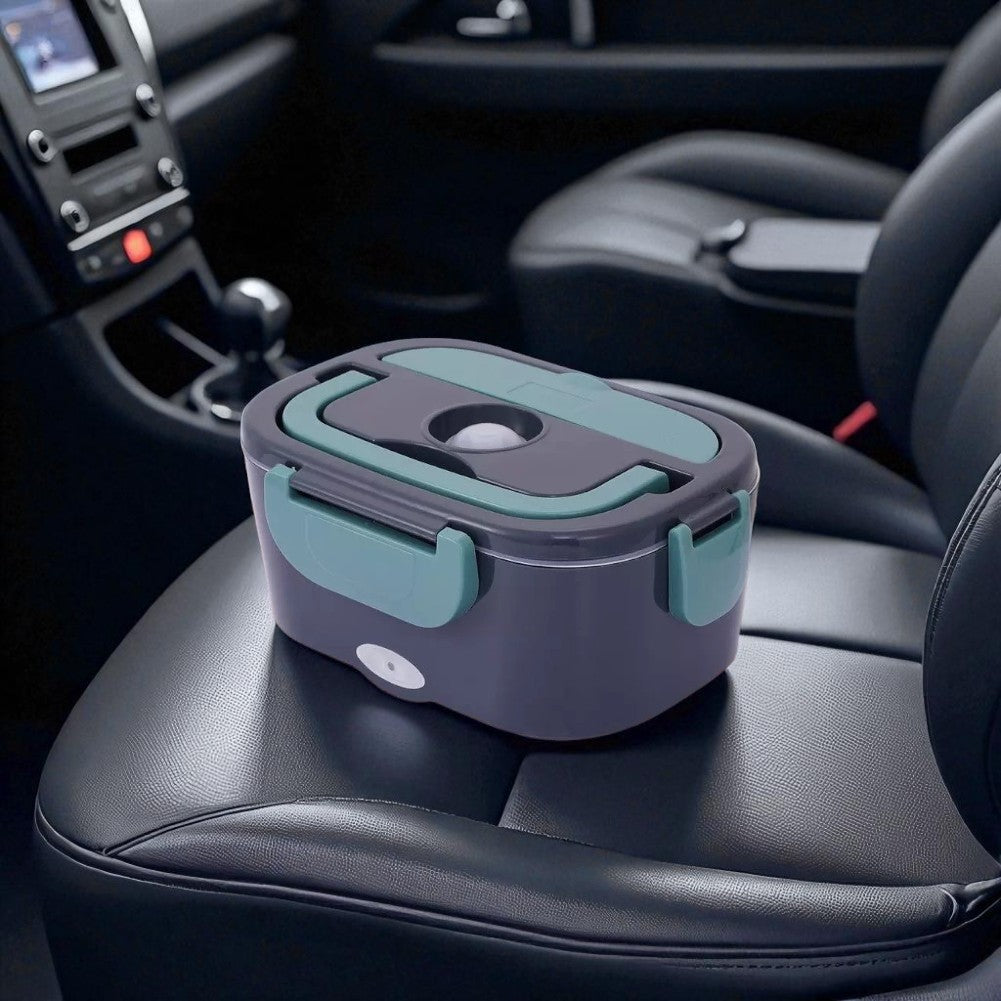 Gray and teal lunch box on a car seat