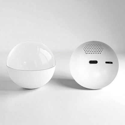 Two white spherical VIDEO PLAYER BALL on a light gray background