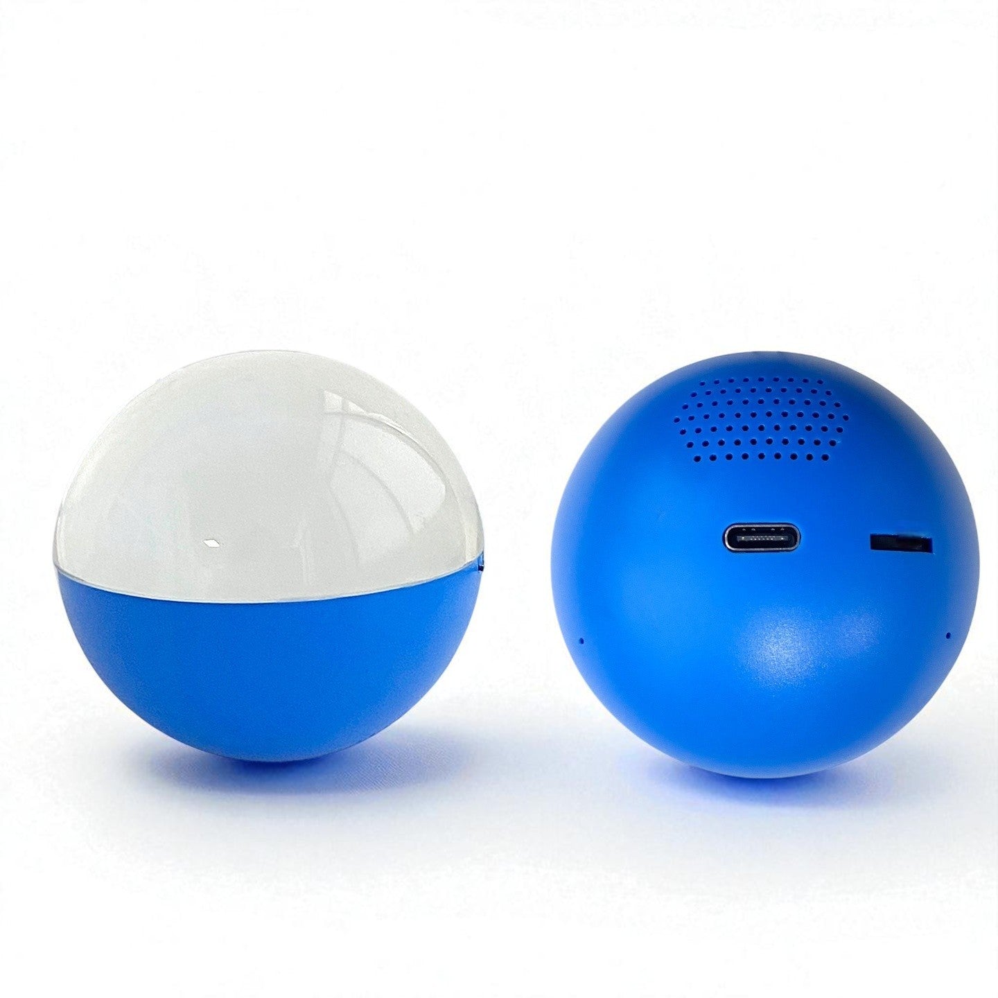 Two spherical video player ball, one white and blue, the other blue with a speaker, on a white background.