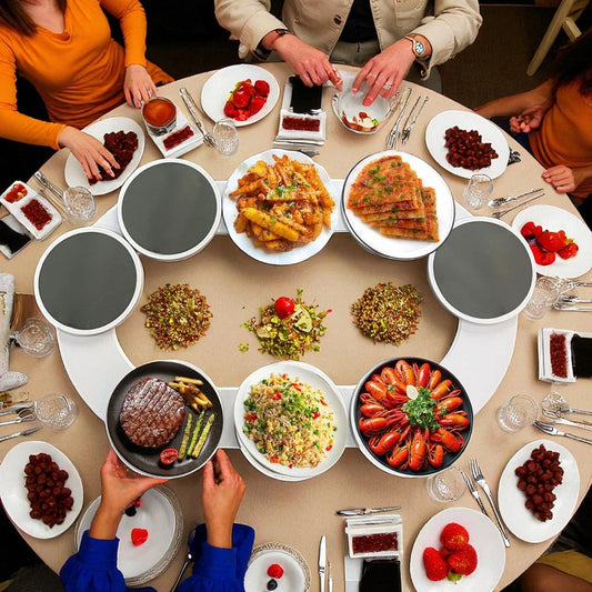 People around a table with various dishes including meat, vegetables, and appetizers.