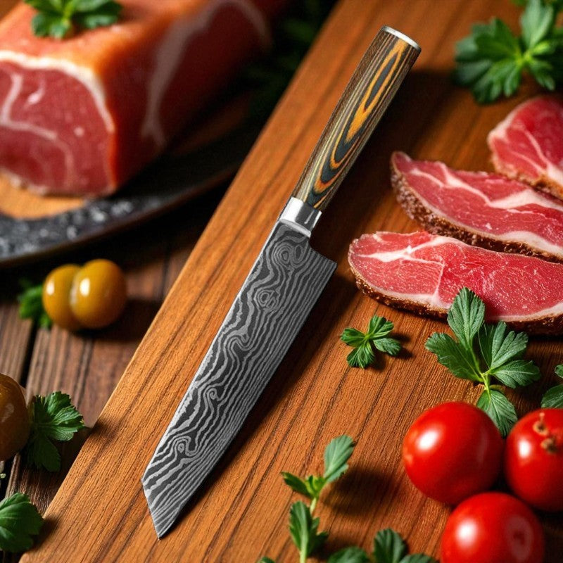  Damascus knife on a wooden cutting board with sliced beef and vegetables