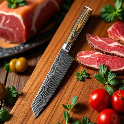  Damascus knife on a wooden cutting board with sliced beef and vegetables