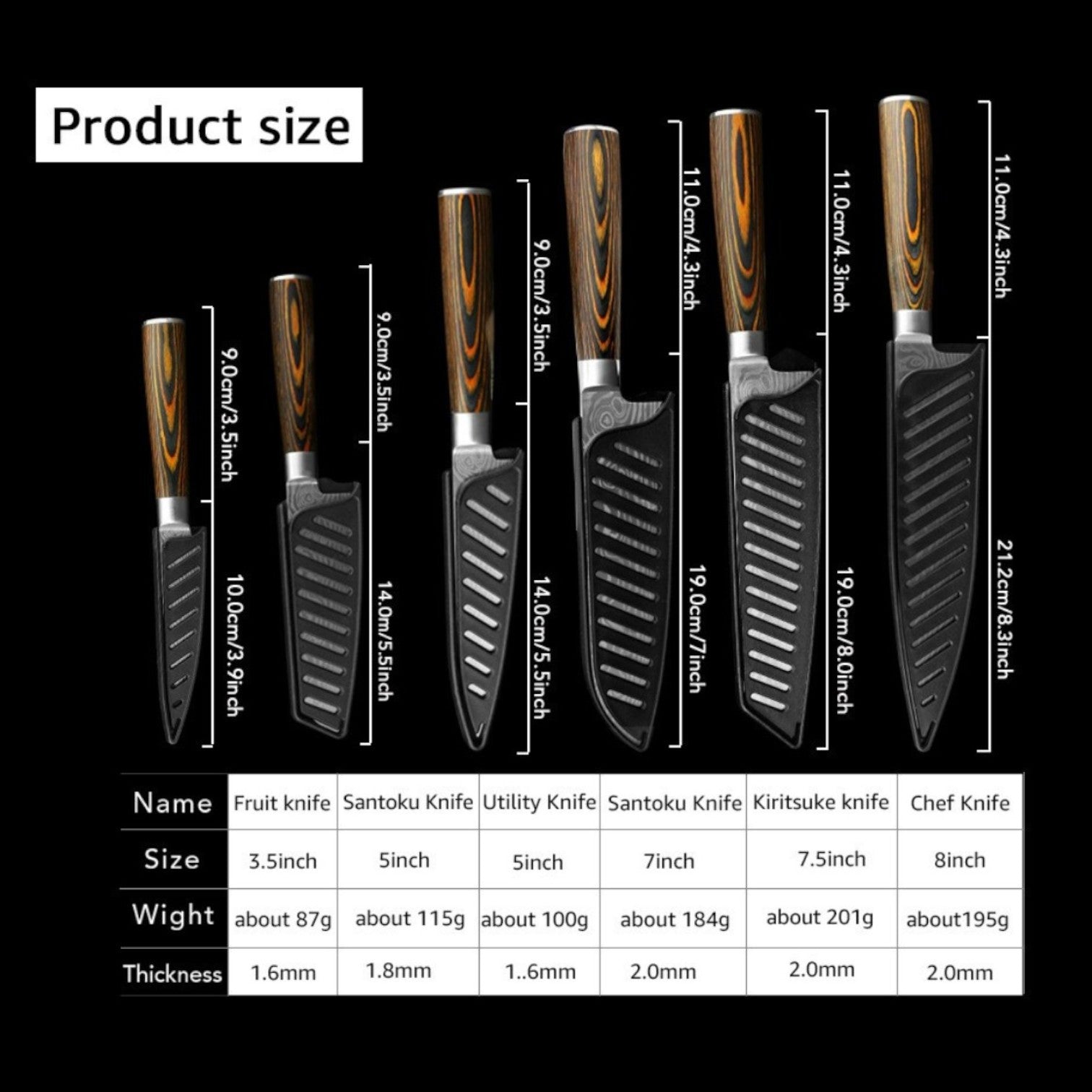 Set of knives with measurements and details on a black background