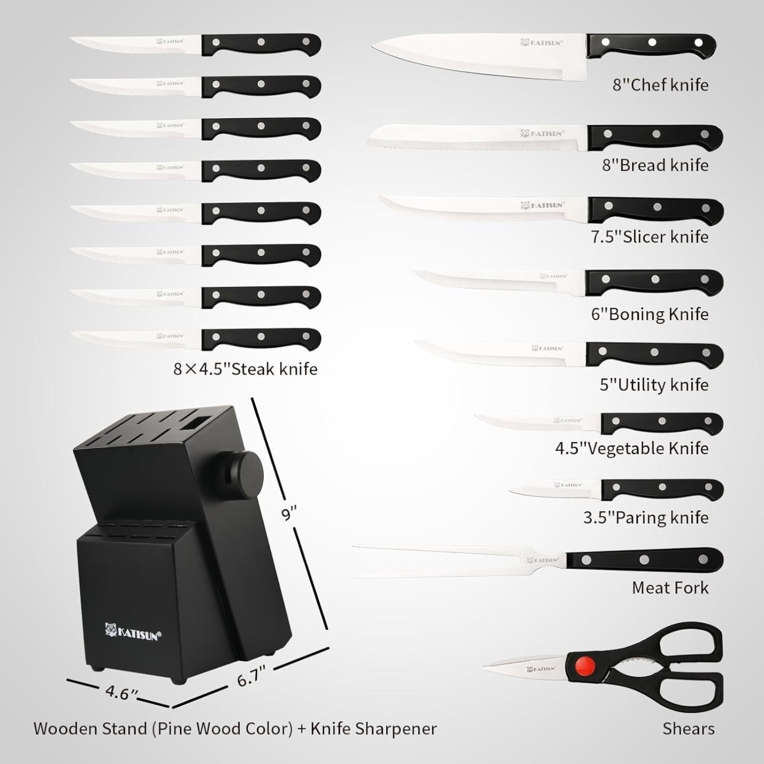 Set of knives with their names and a wooden stand on a gray background