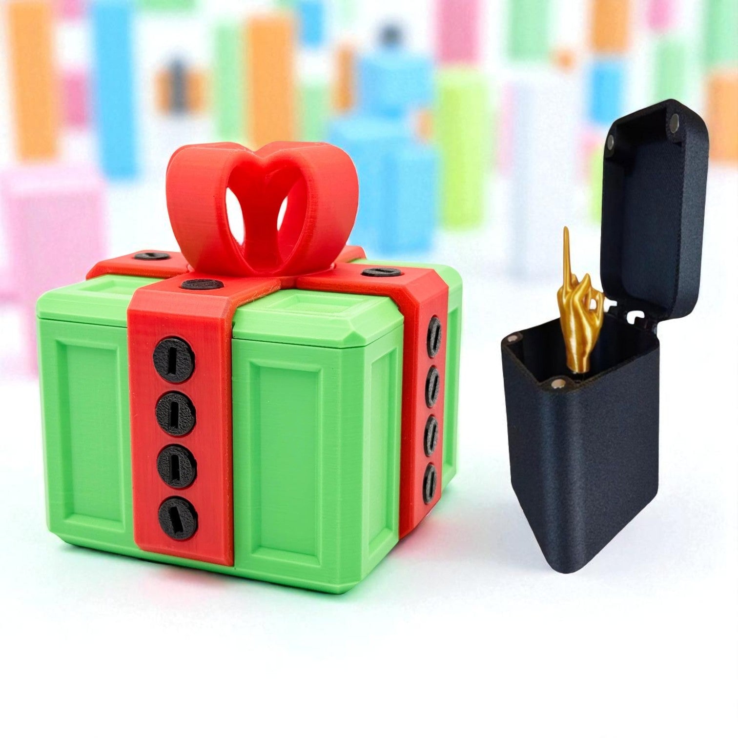 Colorful toy gift box with a black compartment containing gold keys on a colorful background