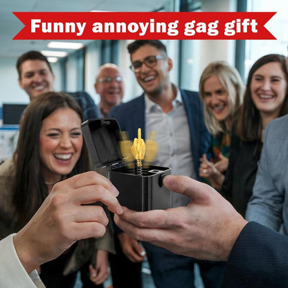 Two hands holding a small novelty item with a group of people in the background, labeled 'Funny annoying gag gift'.