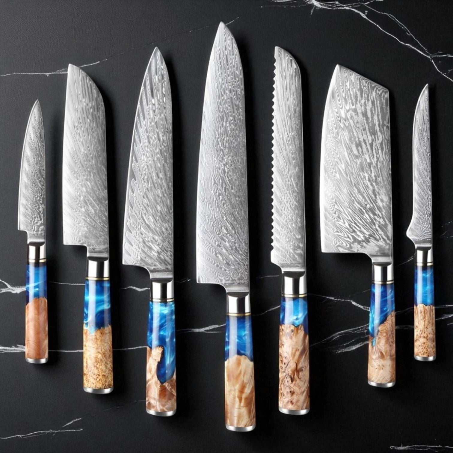 Set of Damascus steel kitchen knives with wooden handles on a black background