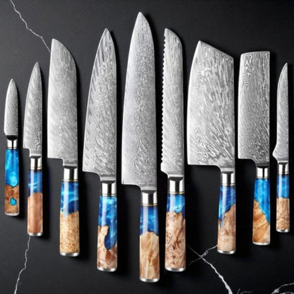 Set of knives with decorative handles on a black background
