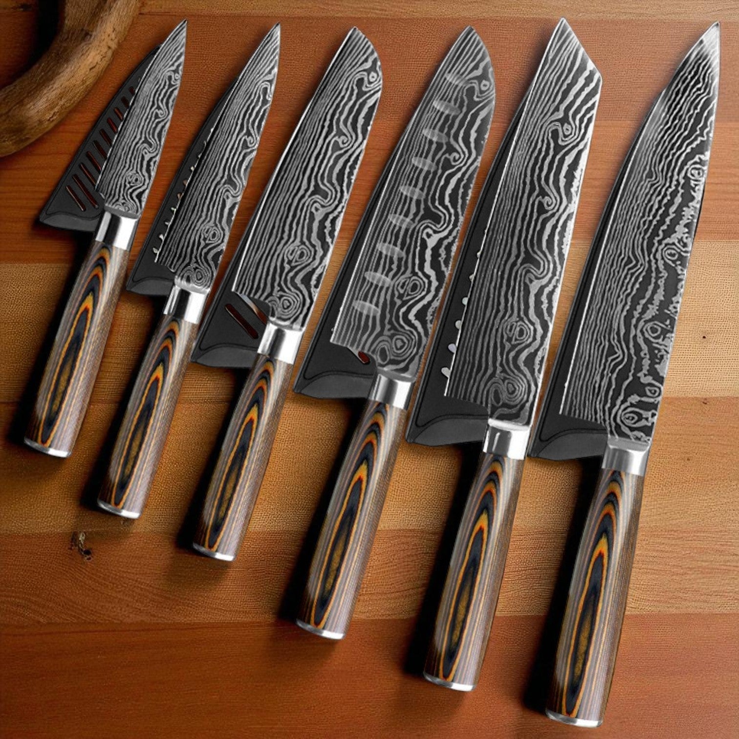 Set of six Damascus knives with wooden handles on a wooden surface