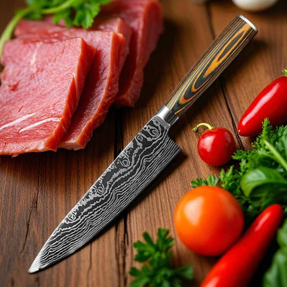  Damascus knife on a wooden surface with sliced meat, tomatoes, and herbs.