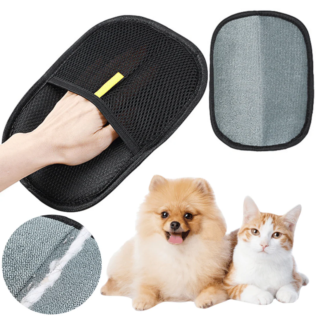 Pet grooming tool with a hand holding it, a close-up of the tool, and two pets sitting together.