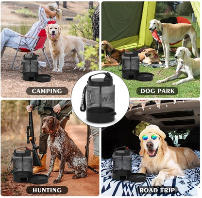 Collage of a dog water bottle and bag in various outdoor settings with dogs.